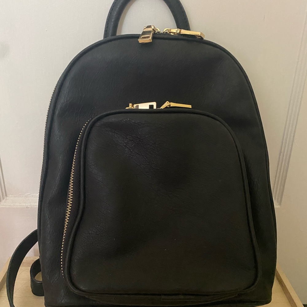 Black Leather Mini Backpack with Gold Detailing